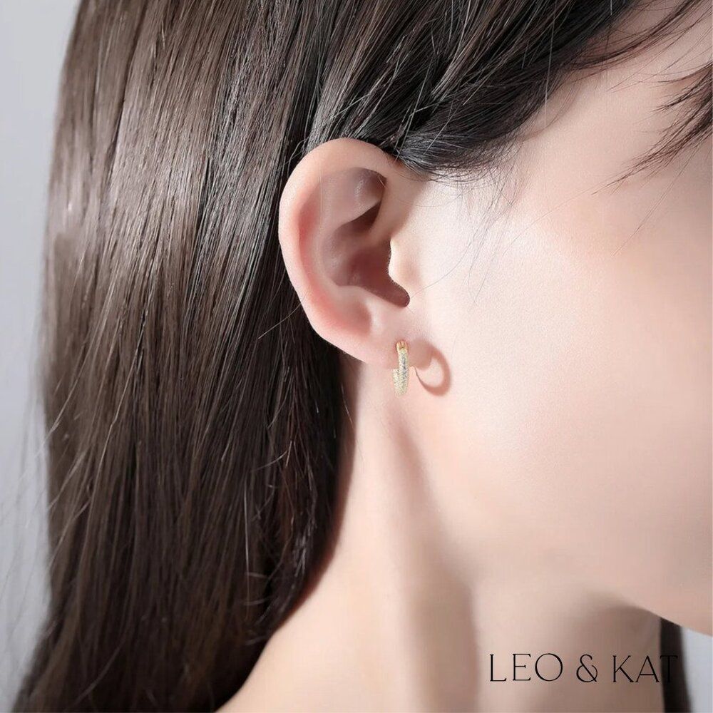 Elegant Pave Huggie Earrings in Gold & Silver. 925 Sterling Silver. #1004 - Picture 4 of 7